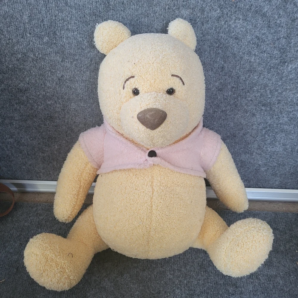 Winnie The Pooh Push Bear Toy with Pink Shirt. Vintage Disney Store Jointed